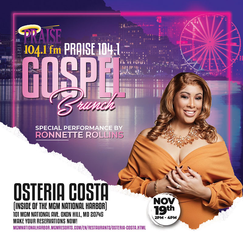 Praise 104.1 Gospel Bruch at Osteria Costa flyer