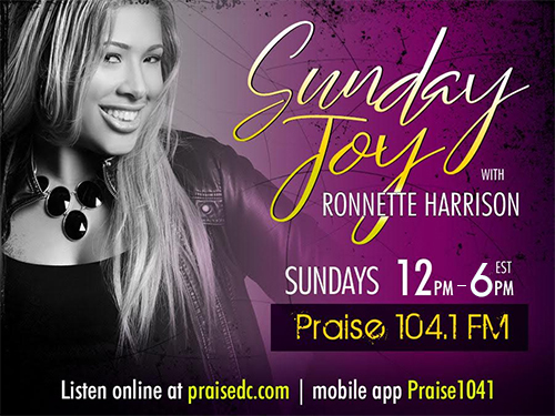Rnnette Harrison Host of Sunday Joy on Praise 104.1 flyer
